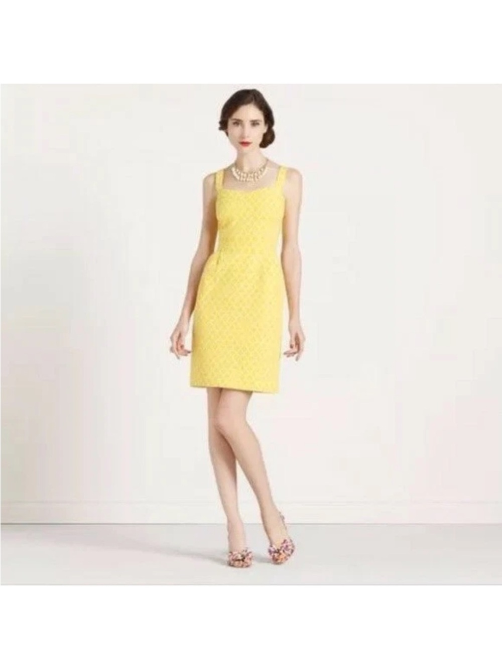 Kate Spade NY Hilary Yellow and White Quatrefoil Sleeveless Sweetheart Dress Sz2